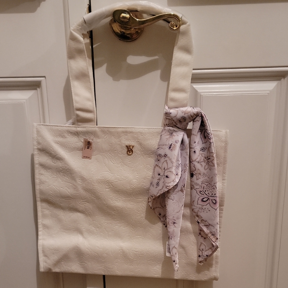 Victora's Secret Elegant Eggshell Tote Bag with Scarf Accent. BNWT